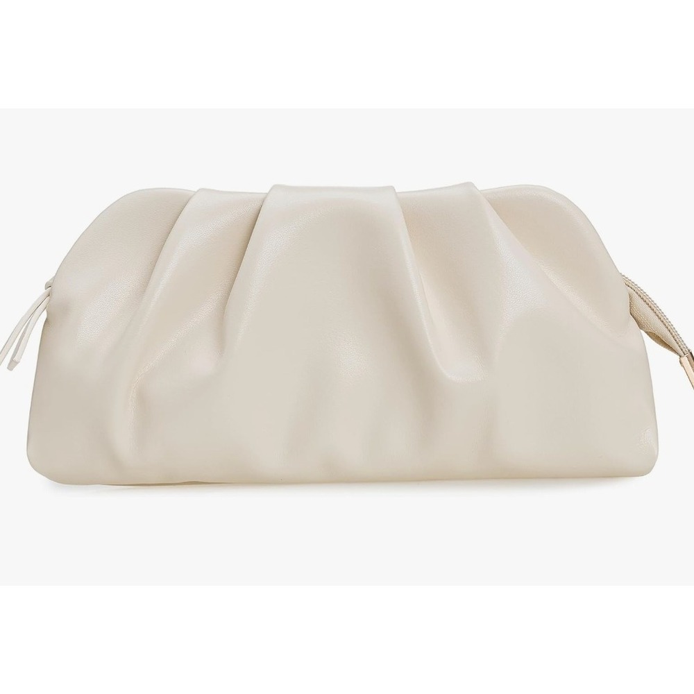 NEW IXEBELLA Off White Pleated Vegan Leather Evening Clutch Formal Chain Bag